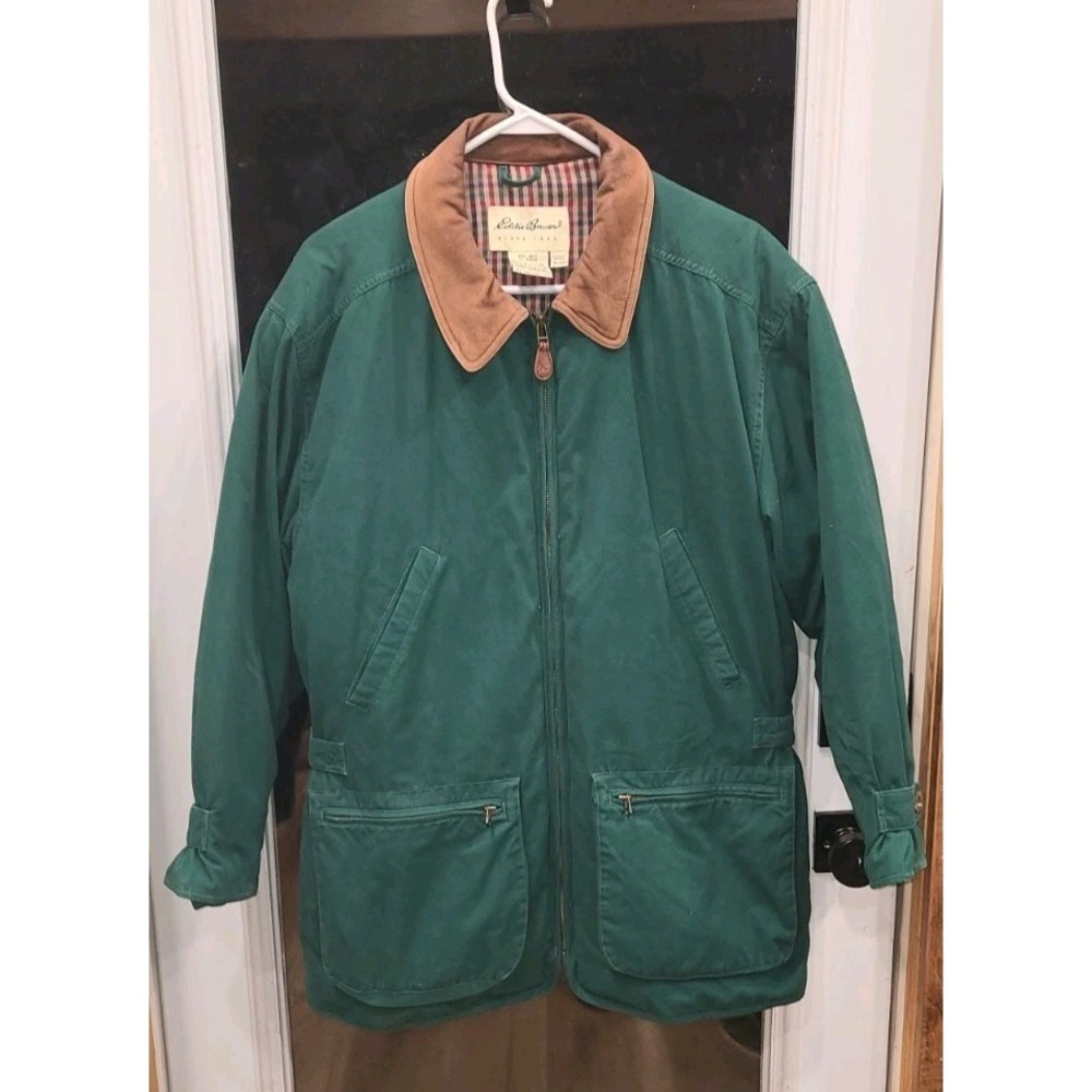 Vtg Eddie Bauer Green Goose Down Leather Barn Chore Coat Women M Corduroy